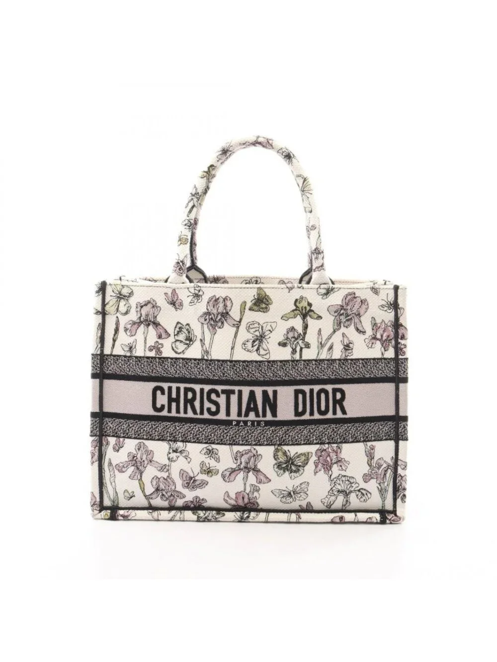 Dior Tote Bag Book White Black Multi Canvas Butterfly & Iris